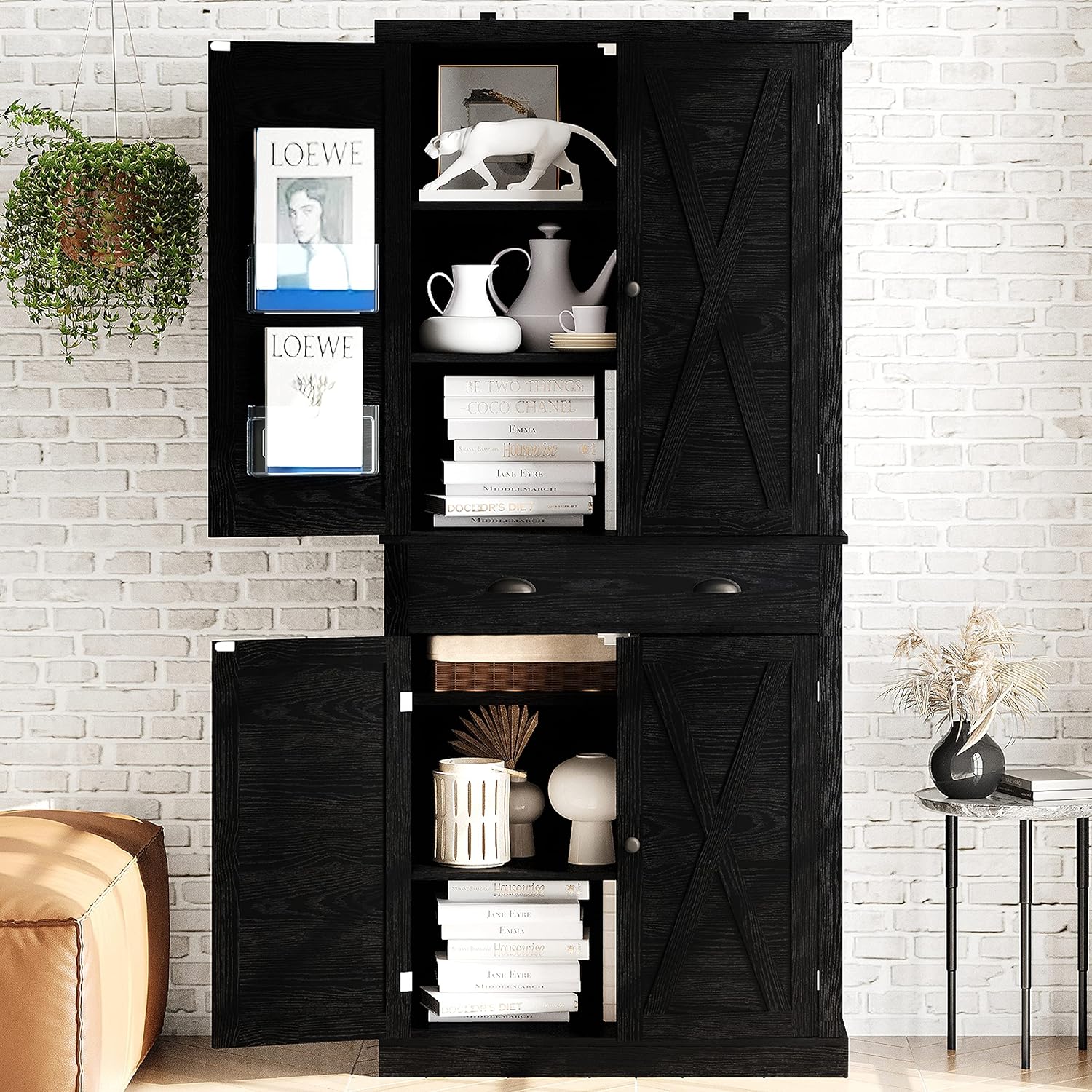IRONCK Kitchen Pantry Storage Cabinet 72.6' H, with Barn Doors, Drawer, 4 Adjustable Shelves, Freestanding Cupboard for Dining Room Living Room, Laundry, Black