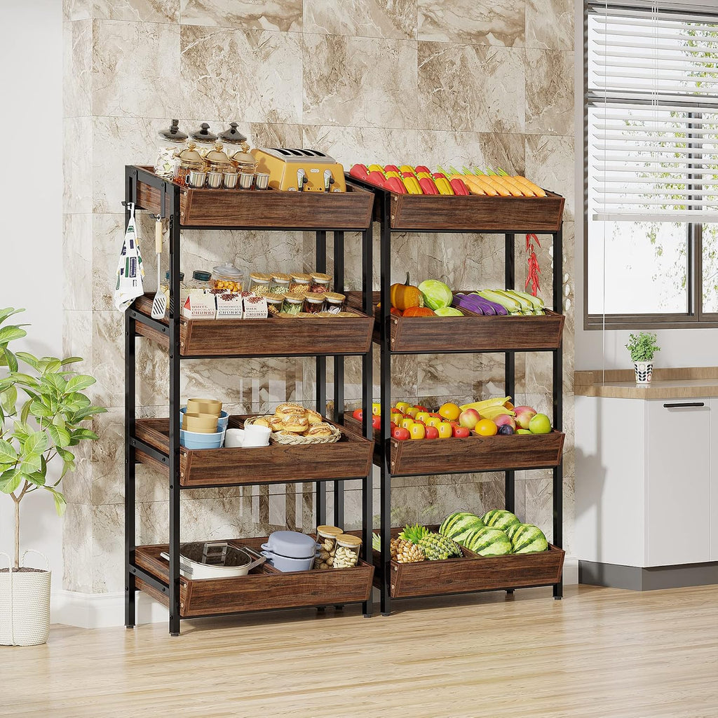 LITTLE TREE 4-Tier Wood Fruit Vegetable Storage Basket Stand Set of 2, Versatile Utility Shelf Rack for Kitchen, Office, Store, Supremarket, Vintage Brown