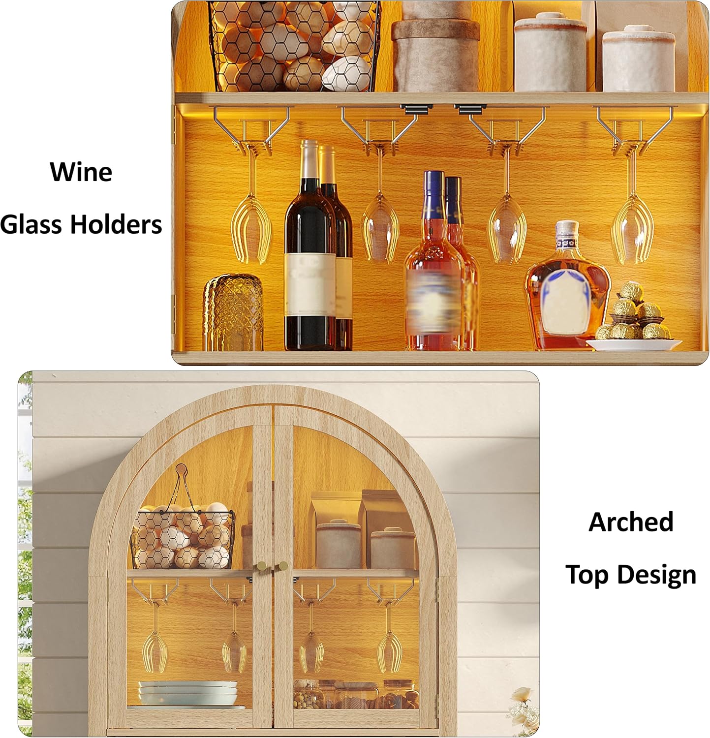 Maupvit 70' Tall Arched Wine Bar Cabinet with LED Light, Fluted Coffee Bar Cabinets with Stemware Rack, Kitchen Pantry Cupboard with Glass Doors, Liquor Cabinet for Home, Dining Room (Nature)