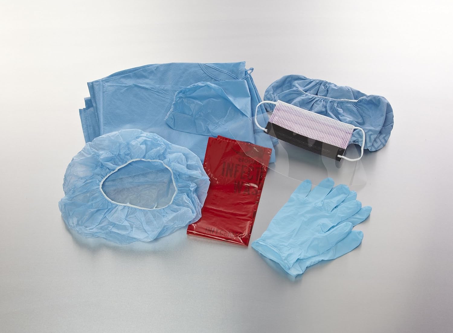 Medline Employee Protection Kits with Eye Shield, Includes Bouffant Cap, Nitrile Gloves, Isolation Gown, Mask, Waste Bag, Case of 25 Each