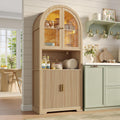 Maupvit 70' Tall Arched Wine Bar Cabinet with LED Light, Fluted Coffee Bar Cabinets with Stemware Rack, Kitchen Pantry Cupboard with Glass Doors, Liquor Cabinet for Home, Dining Room (Nature)