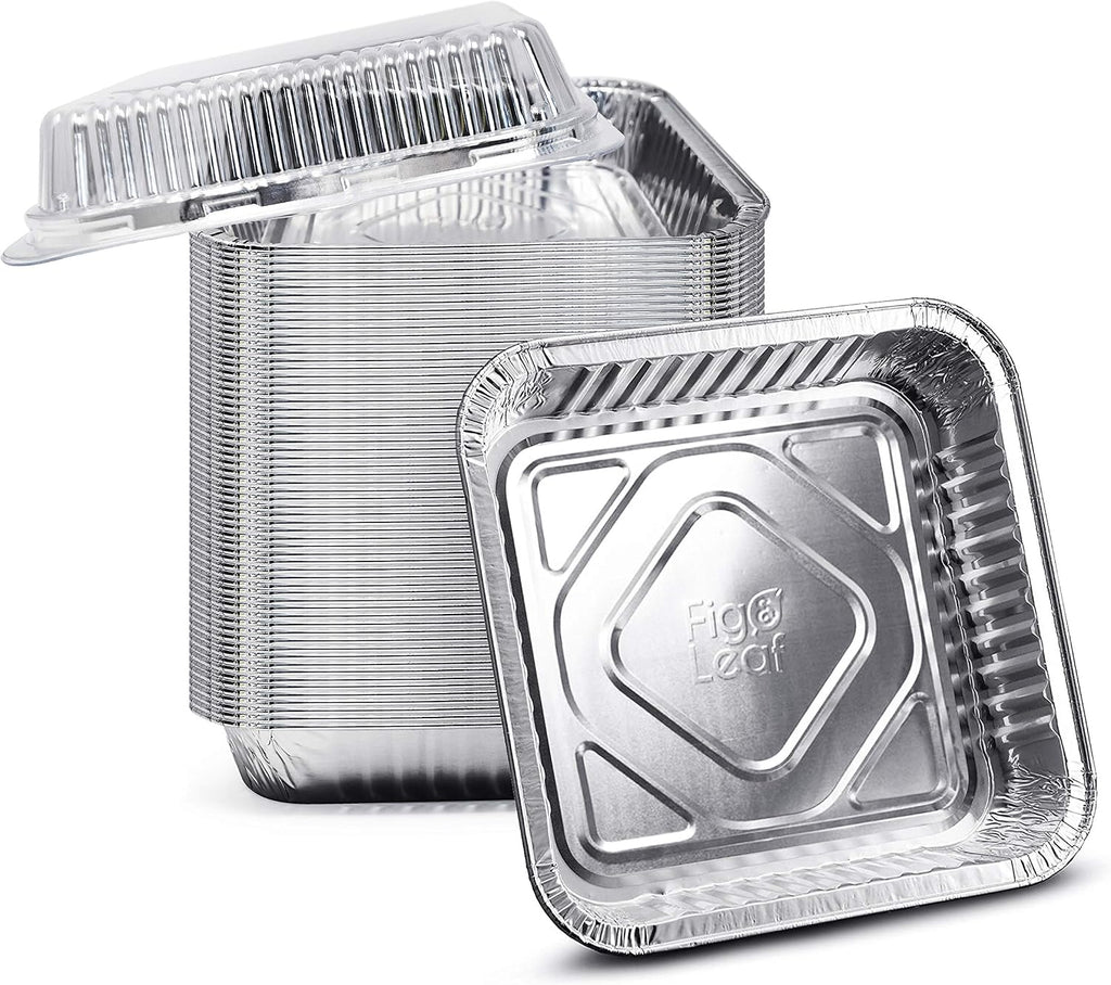 Fig & Leaf (210 Pack) 8' x 8' Square Baking Cake Pans with Plastic Dome Lids | Heavy Duty l Disposable Aluminum Foil Tins l Portable Food Containers l Perfect for Roasting Oven Toaster Cooking