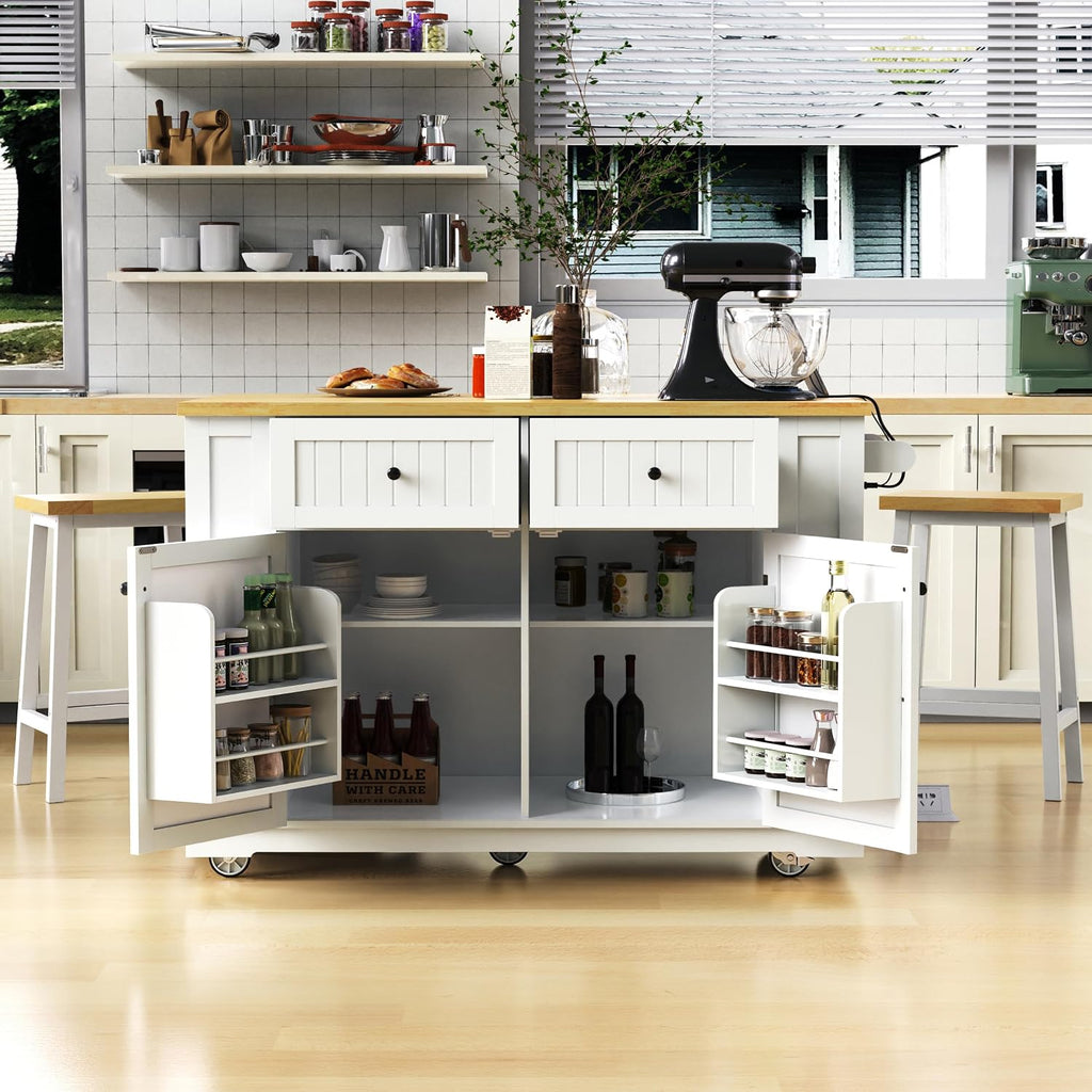 48 inch Rolling Kitchen Island Storage Cart on 5 Wheels with Drop Leaf, 2 Bar Stools, Power Outlet, Door Internal Storage Rack, 5 Open Side Racks, 2 Drawers for Dining Room, Home Bar White