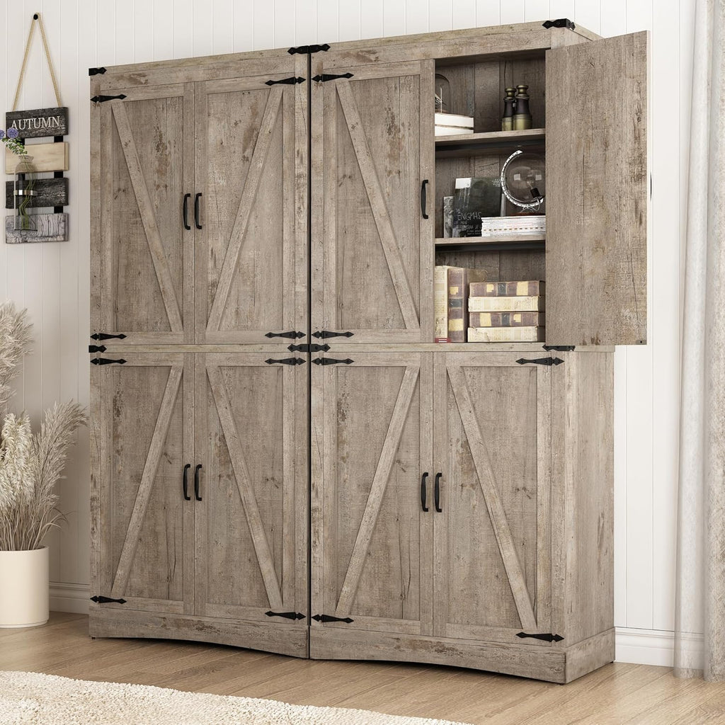 71' Tall Kitchen Pantry,Farmhouse Storage Cabinet with Adjustable Shelves,Load-Bearing Steel Pipe,Farmhouse Pantry Cabinet with 4 Barn Doors,for Kitchen,Dining Room,Living Room(Light Rustic Oak)