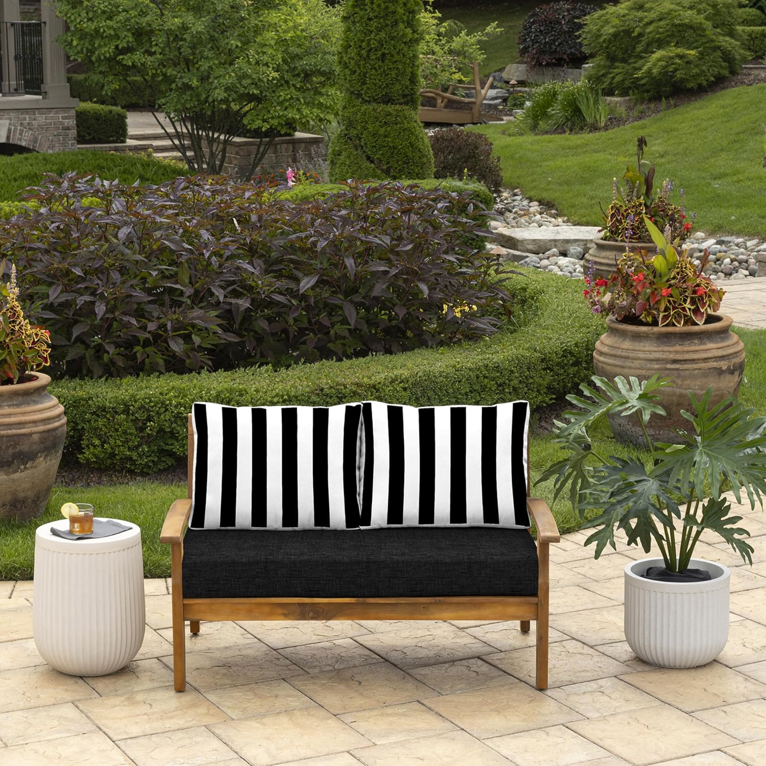Arden Outdoor Loveseat Cushion Set, 48 x 24, Water Repellent, Fade Resistant, Cushion Set for Couch, Bench, and Swing, Black Cabana Stripe