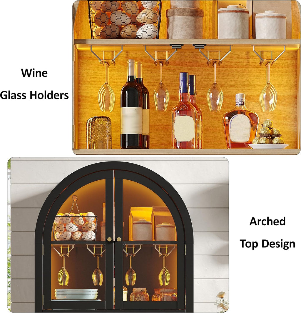 Maupvit 70' Tall Arched Wine Bar Cabinet with LED Light, Fluted Coffee Bar Cabinets with Stemware Rack, Kitchen Pantry Cupboard with Glass Doors, Liquor Cabinet for Home, Dining Room (Black)