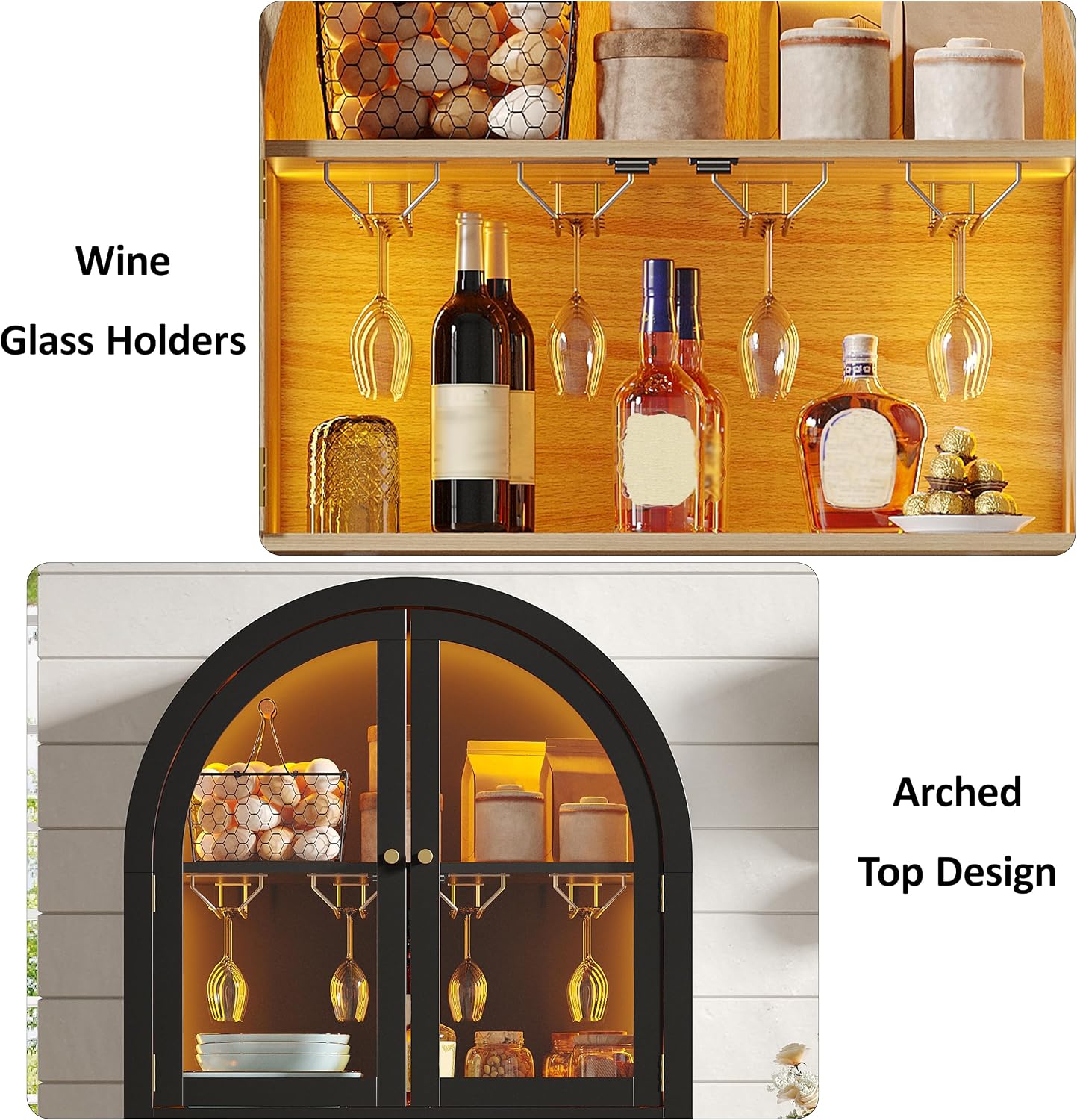Maupvit 70' Tall Arched Wine Bar Cabinet with LED Light, Fluted Coffee Bar Cabinets with Stemware Rack, Kitchen Pantry Cupboard with Glass Doors, Liquor Cabinet for Home, Dining Room (Black)