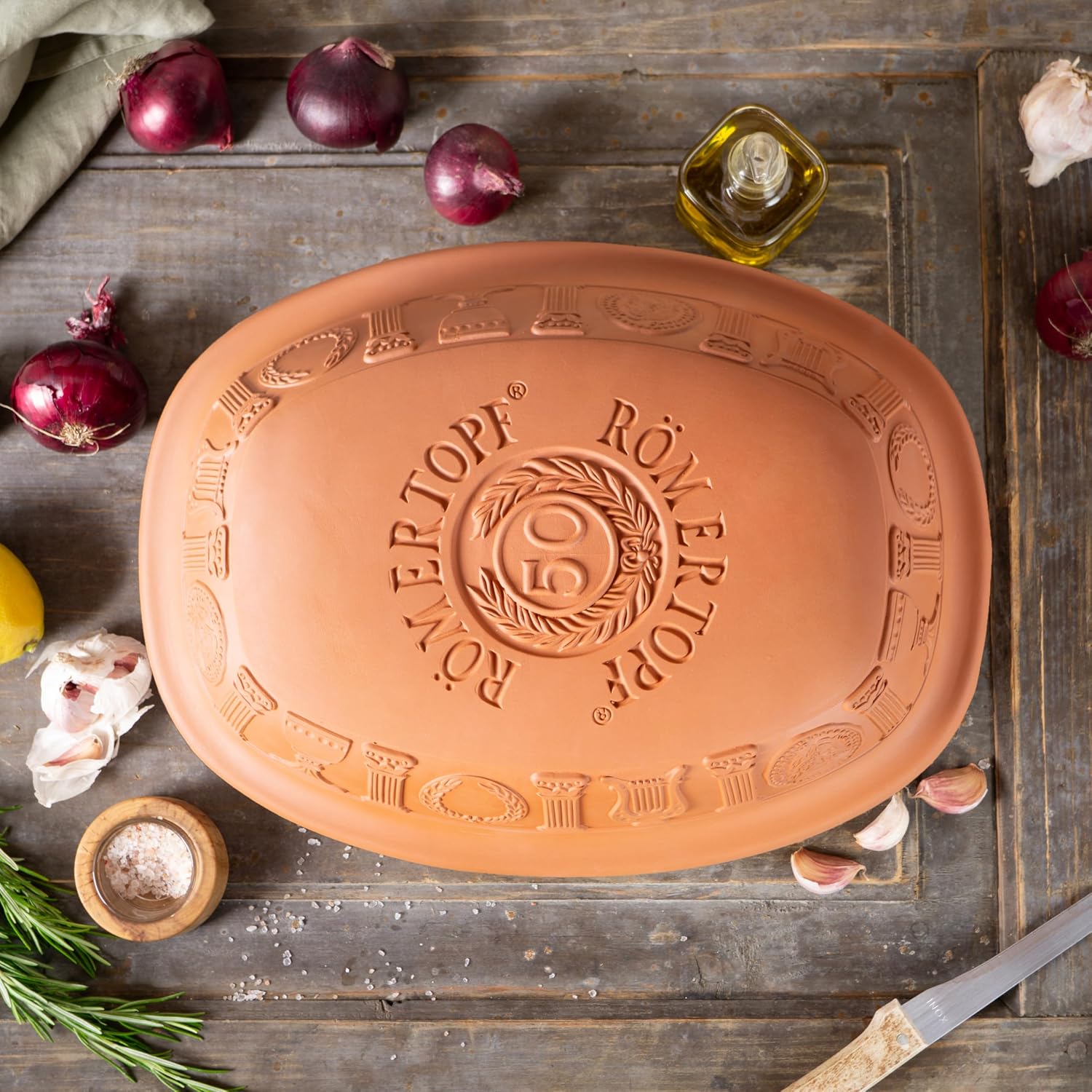 Romertopf Clay Roaster | 50 Years Anniversary Edition | Non-Stick Dutch Oven | Healthy Pot Cooking | Clay Baker | Versatile Cooking Vessel - 5.2 Quarts (5 Liters) for up to 8 people