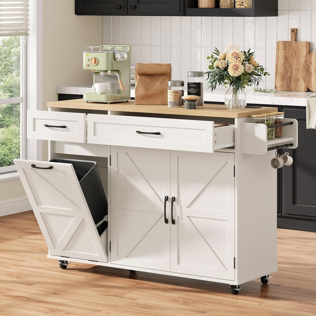 Halitaa Kitchen Island with Tilt Out Trash Can Cabinet and Power Outlet, Kitchen Rolling Island with Spice Rack, Towel Rack and 2 Drawers, Kitchen Island Cart, White