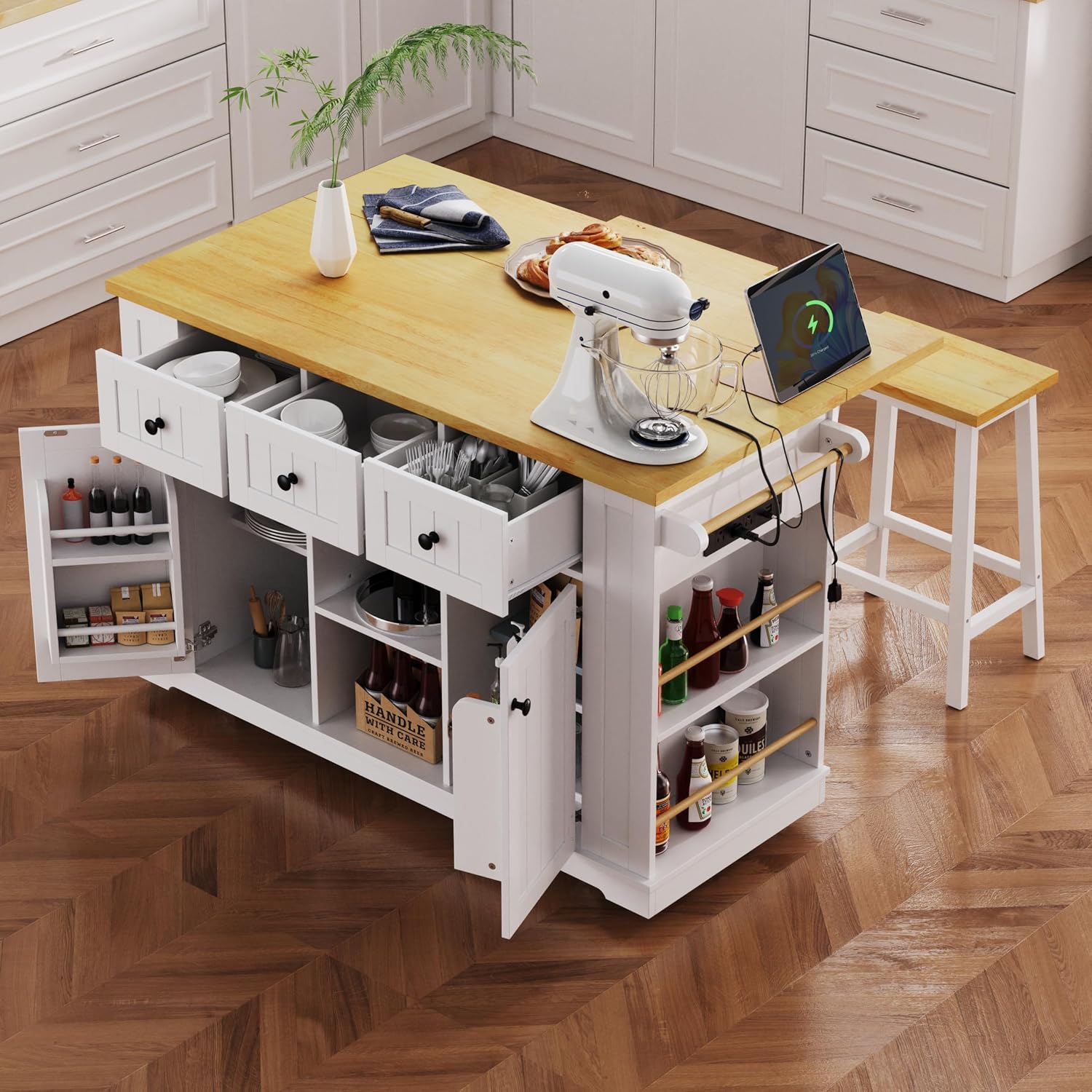 Large Kitchen Island Cart on 5 Wheels with 2 Bar Stools, Power Outlet, 3 Drawers, Kitchen Storage Cart with 5 Open Side Racks, Drop Leaf for Kitchen, Dining Room, Home Bar White