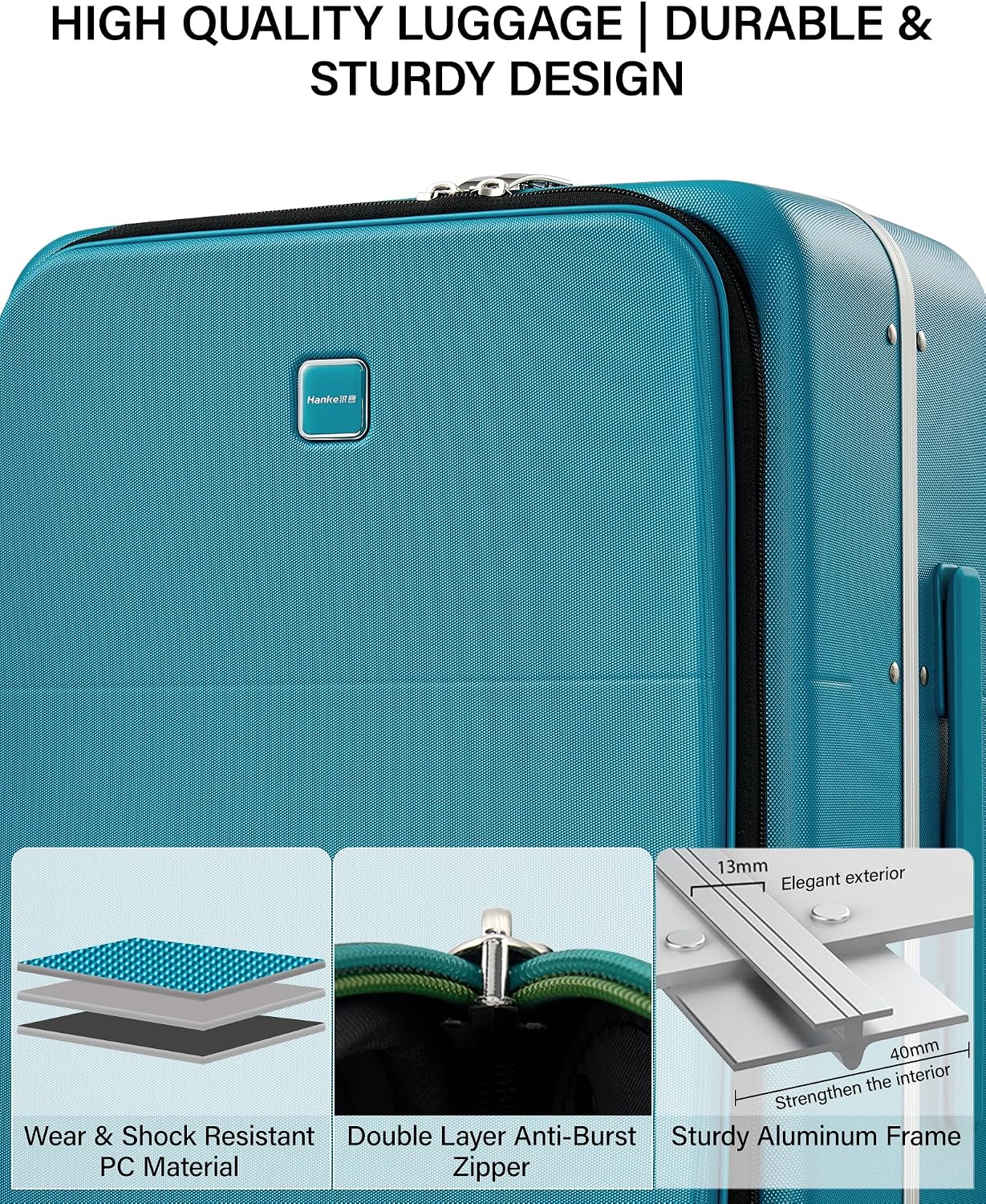 Hanke 20 Inch Top Opening Carry On Luggage with Cup Holder, Hard Shell Suitcase with Spinner Wheels, USB Ports, TSA Lock Aluminum Frame, Dry Wet Separation & Removable Divider, Caribbean Blue