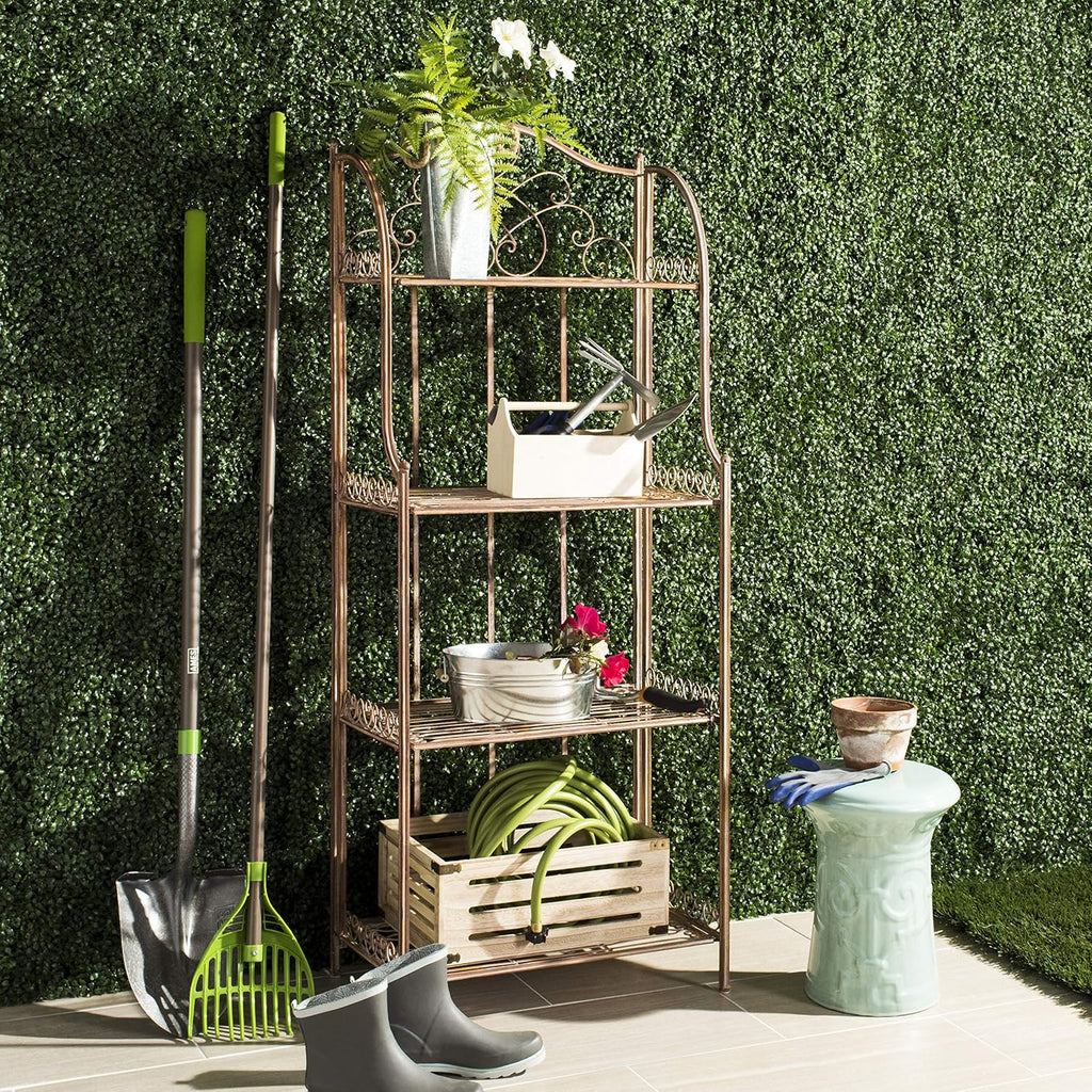SAFAVIEH Outdoor - Amaris 4-Tier Bakers Rack - Rusty Orange Iron Metal - Vintage Victorian Scrollwork - Ideal for Patio, Deck, Porch, Sunroom, 14.5' W x 25' D x 63' H (PAT5014A)