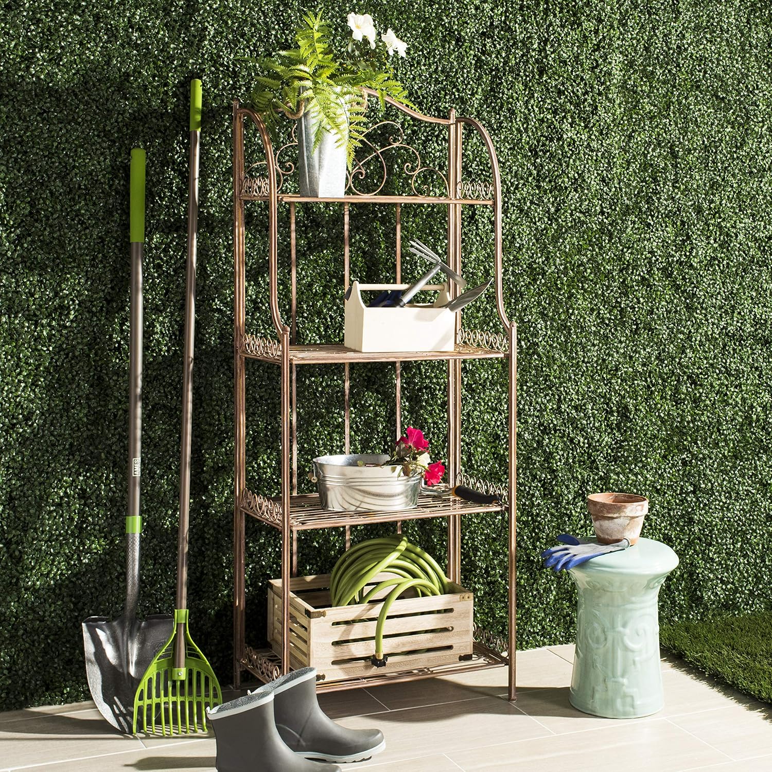 SAFAVIEH Outdoor - Amaris 4-Tier Bakers Rack - Rusty Orange Iron Metal - Vintage Victorian Scrollwork - Ideal for Patio, Deck, Porch, Sunroom, 14.5' W x 25' D x 63' H (PAT5014A)