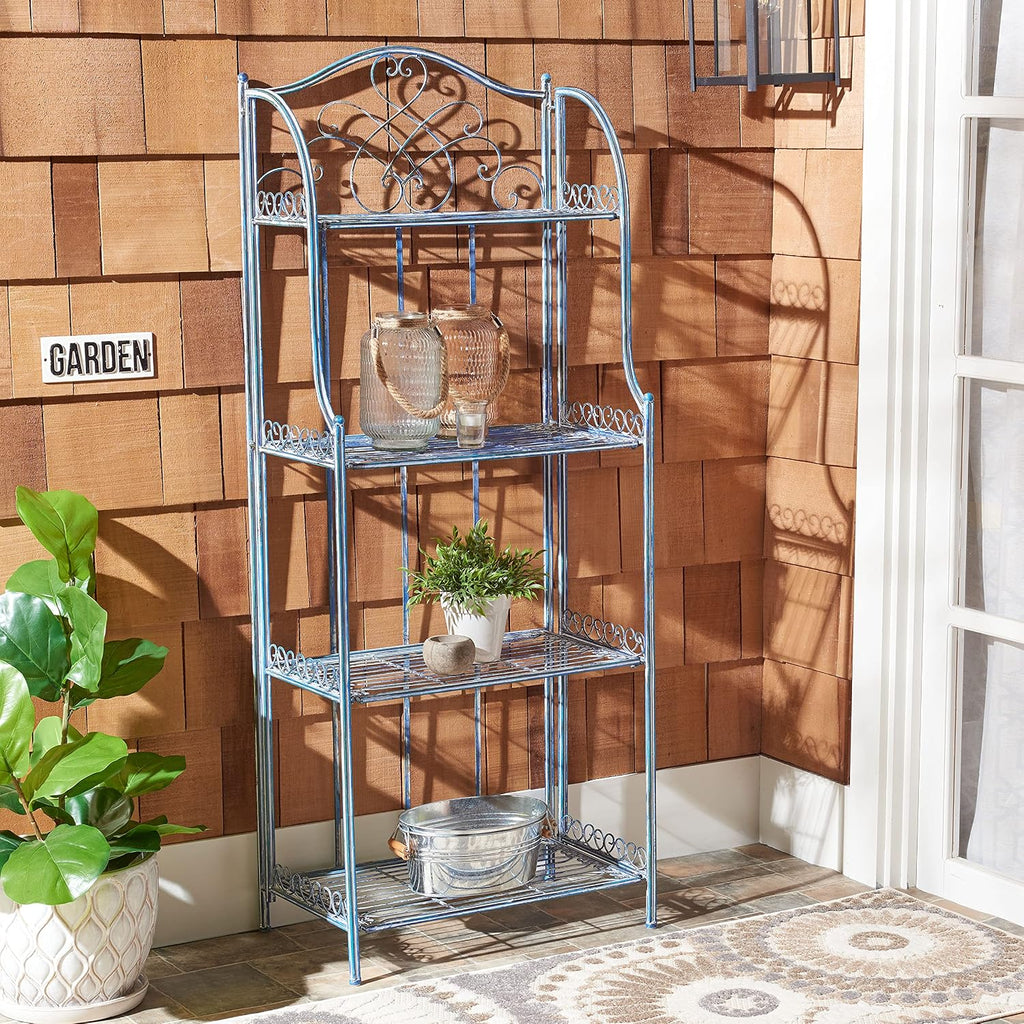 SAFAVIEH Outdoor - Amaris 4-Tier Bakers Rack - Mossy Blue Iron Metal - Vintage Victorian Scrollwork - Ideal for Patio, Deck, Porch, Sunroom, 14.5' W x 25' D x 63' H (PAT5014C)