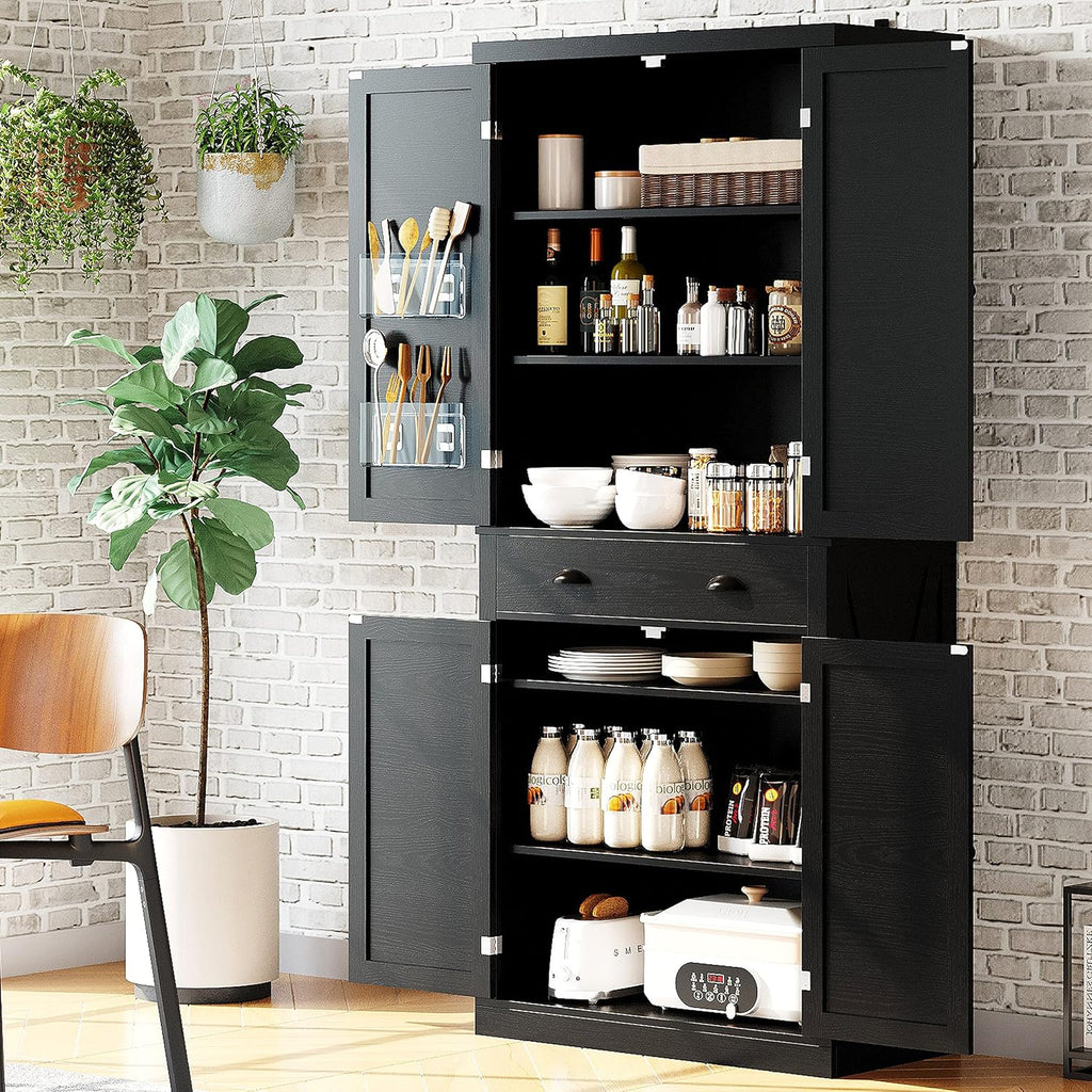 IRONCK Kitchen Pantry Storage Cabinet 72.6' H, with Barn Doors, Drawer, 4 Adjustable Shelves, Freestanding Cupboard for Dining Room Living Room, Laundry, Black