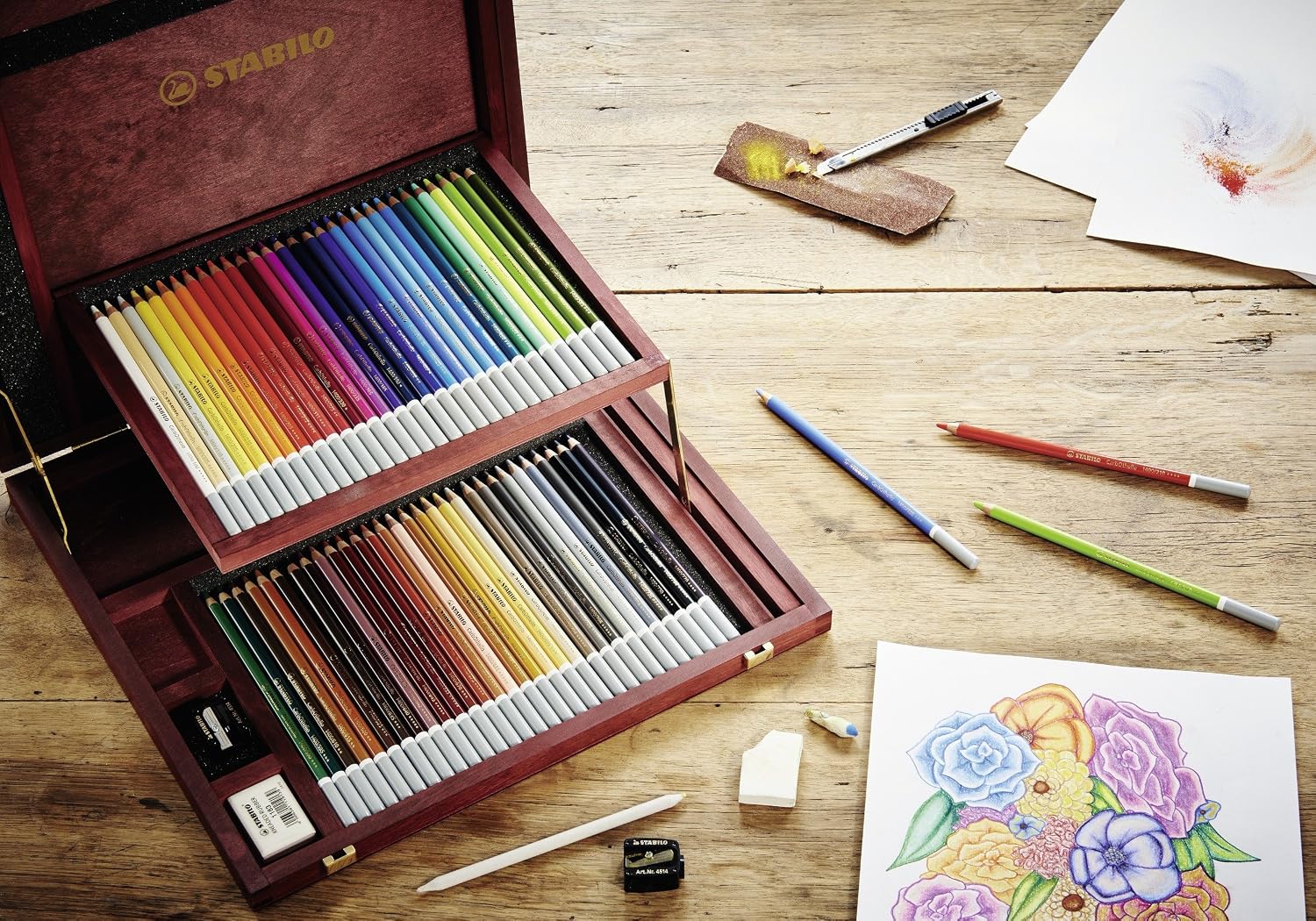 STABILO - CarbOthello - Chalk-Pastel Pencil - Wooden Box of 60 - Assorted colors with Sharpener, Kneaded Eraser and Blending Stump