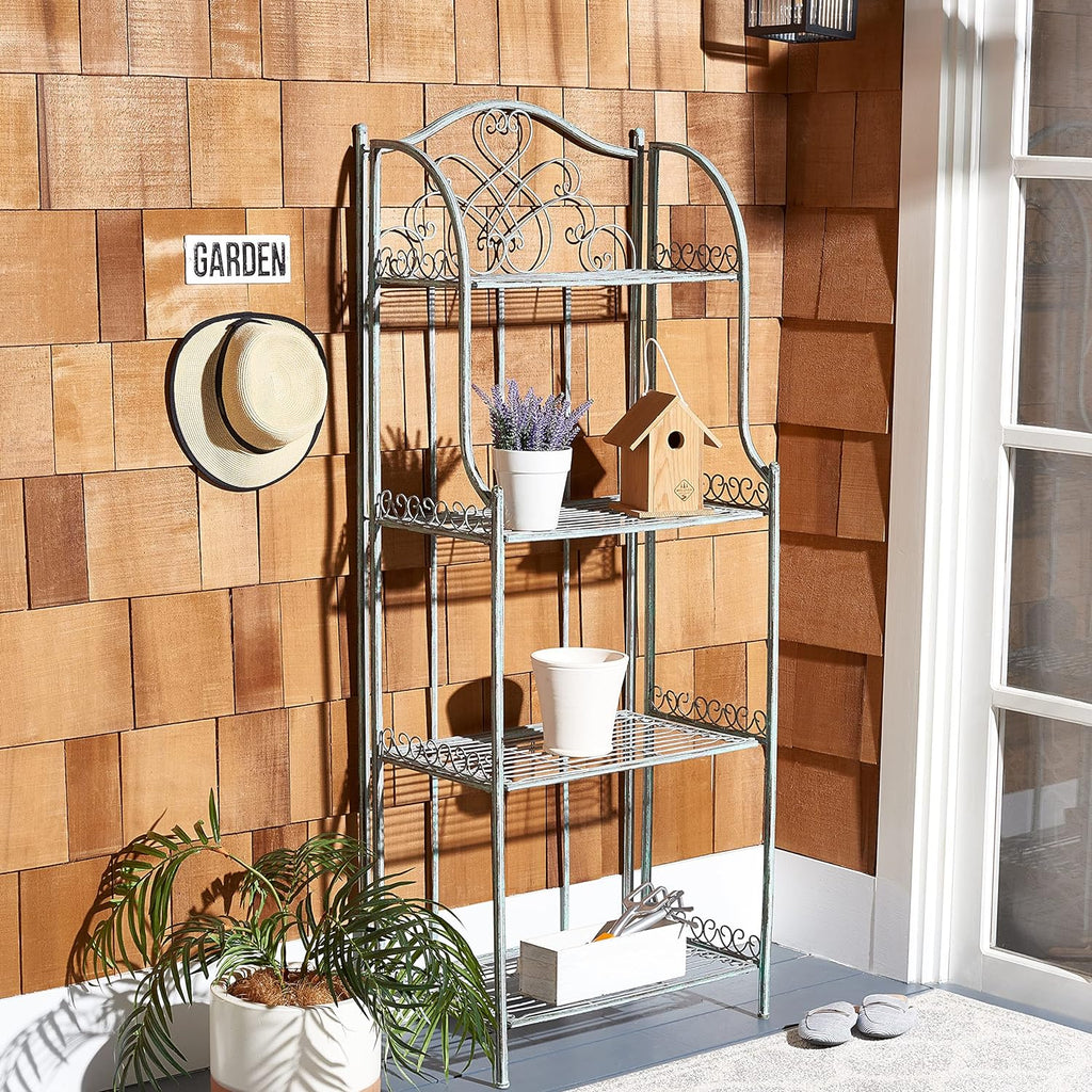 SAFAVIEH Outdoor - Amaris 4-Tier Bakers Rack - Antique Dark Green Iron Metal - Vintage Victorian Scrollwork - Ideal for Patio, Deck, Porch, Sunroom, 14.5' W x 25' D x 63' H (PAT5014D)